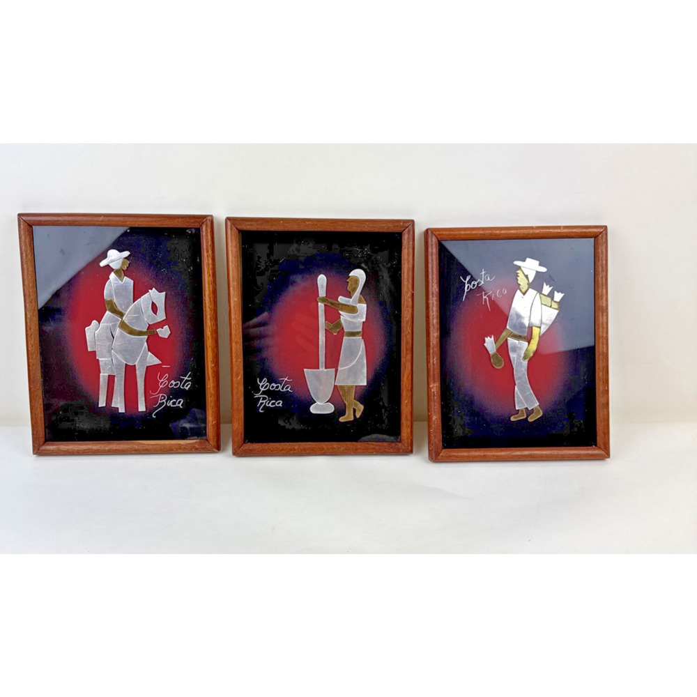 lot of 3 three  Folk Art Costa Rica Collage Framed Mixed Media horse man woman